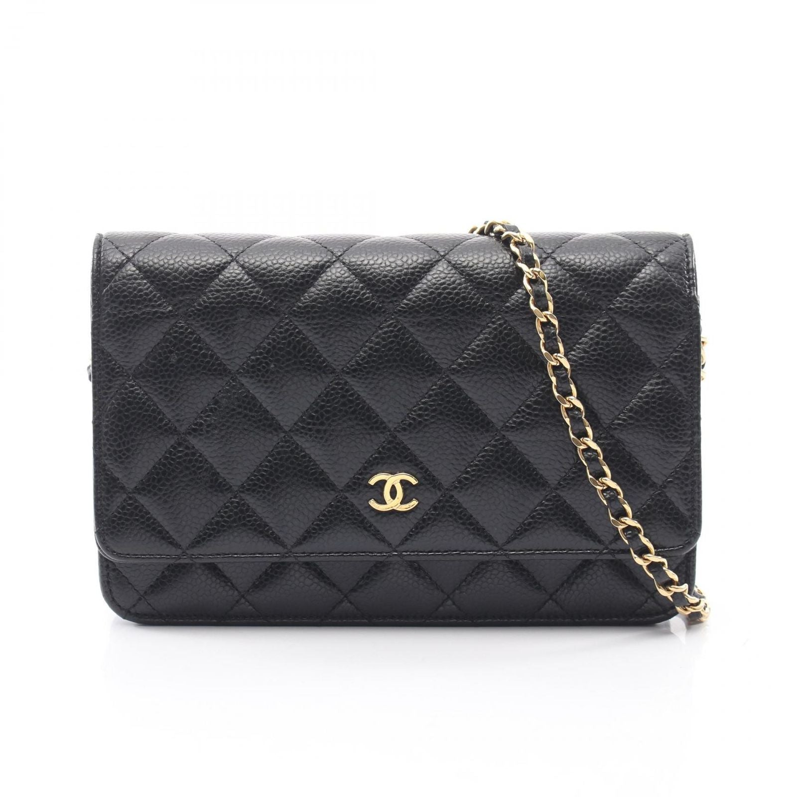 Chanel Shoulder Bag Quilted Black Caviar Leather Chain Wallet