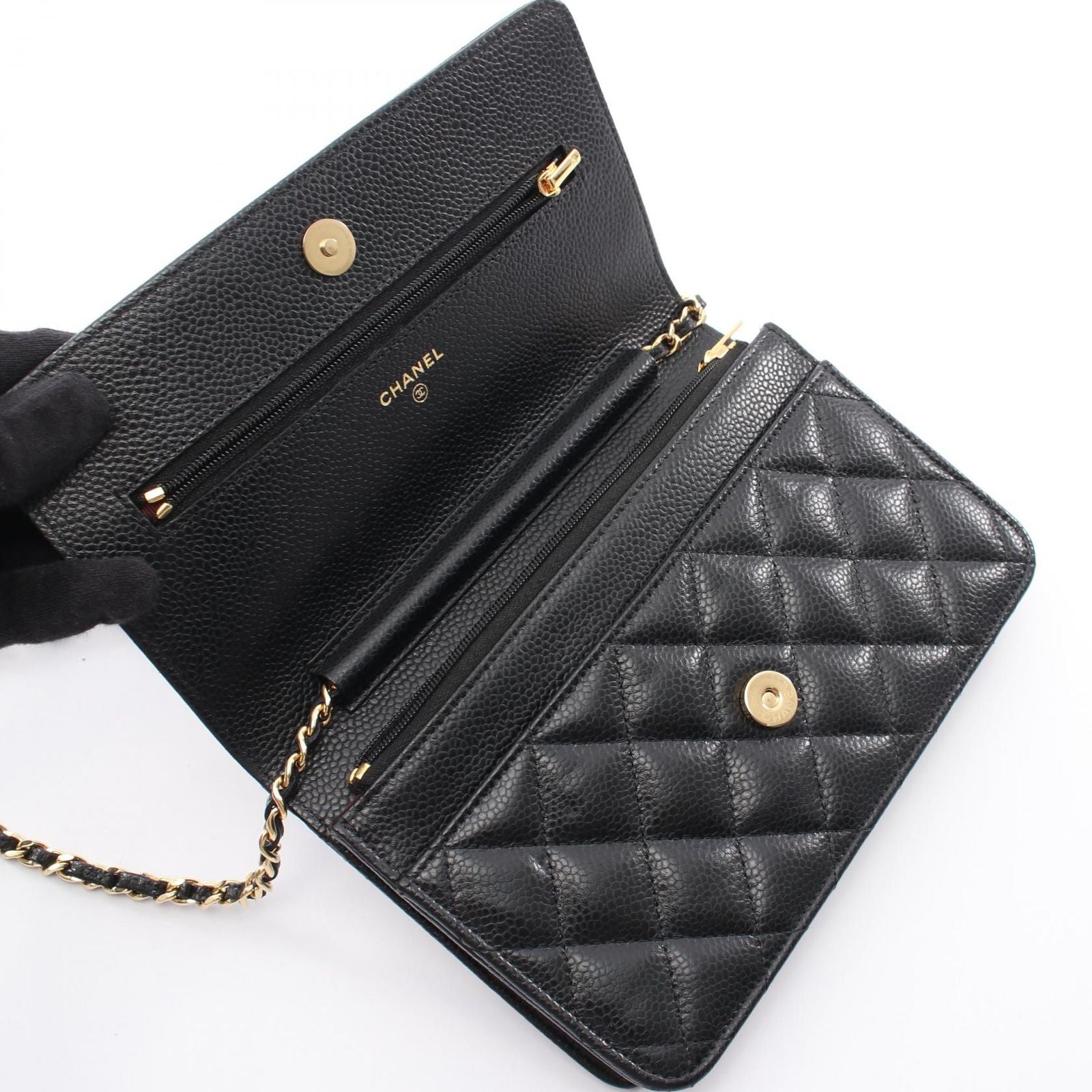 Chanel Shoulder Bag Quilted Black Caviar Leather Chain Wallet — view 6