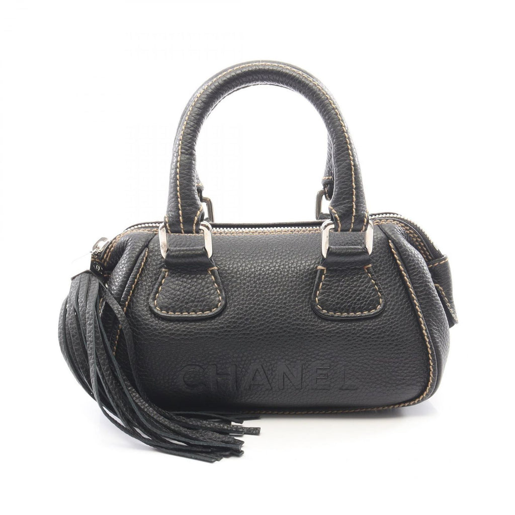 Chanel Handbag Logo Black Caviar Leather Fringe