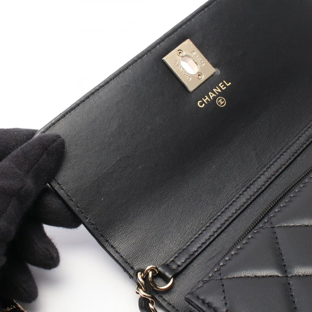 Chanel Shoulder Bag Quilted Chain Wallet Black Lambskin — view 7