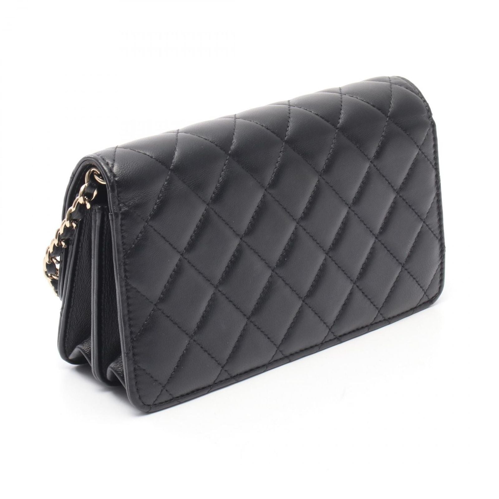 Chanel Shoulder Bag Quilted Chain Wallet Black Lambskin — view 2