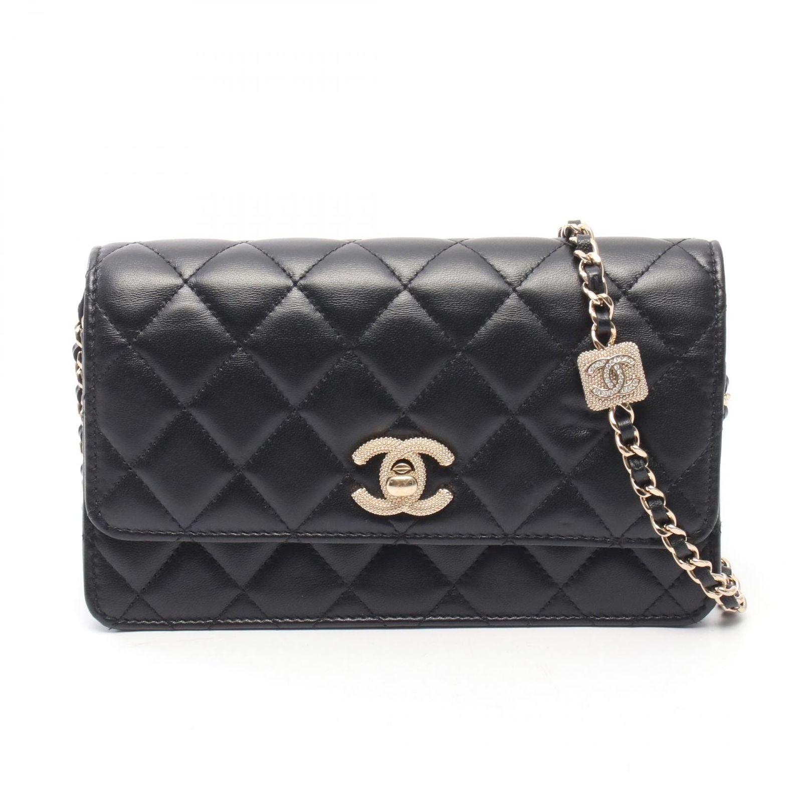 Chanel Shoulder Bag Quilted Chain Wallet Black Lambskin