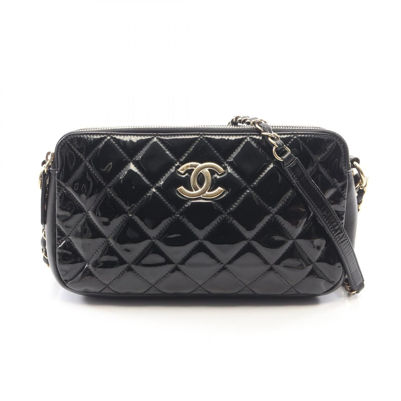 Chanel Shoulder Bag Quilted Black Patent Leather Chain