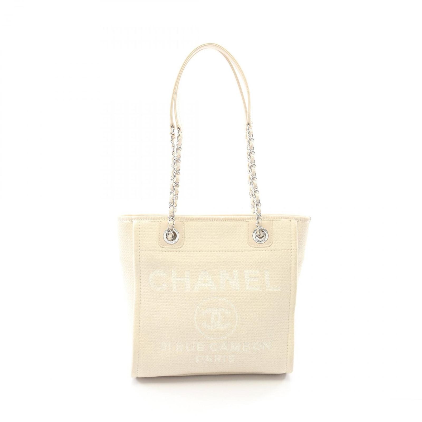 Chanel Tote Deauville PM Off White Canvas Leather Chain PM