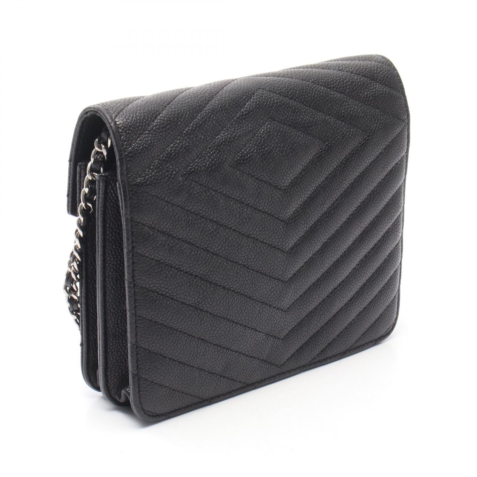 Chanel Shoulder Bag Chez Blanc Stitch Black Caviar Leather Chain Wallet — view 2
