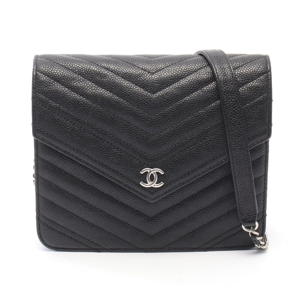 Chanel Shoulder Bag Chez Blanc Stitch Black Caviar Leather Chain Wallet