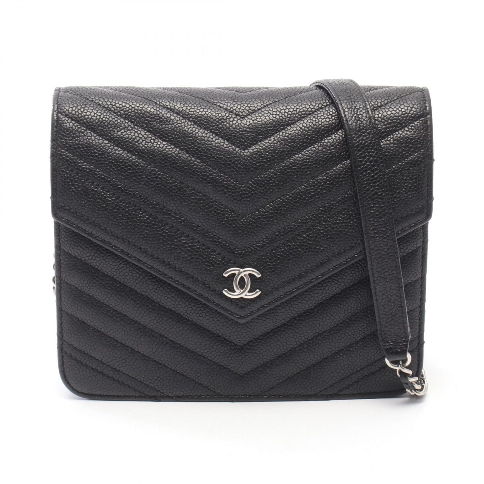 Chanel Shoulder Bag Chez Blanc Stitch Black Caviar Leather Chain Wallet