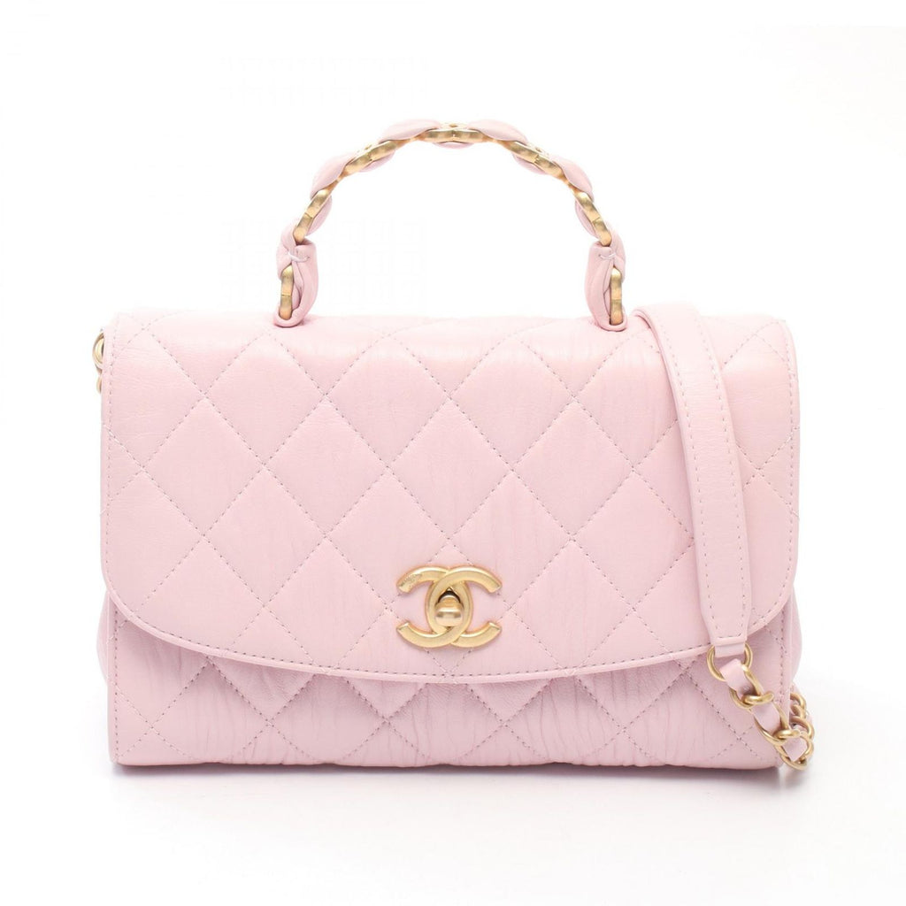 Chanel Shoulder Bag Quilted Top Handle Light Pink Leather Top 2-Way Chain