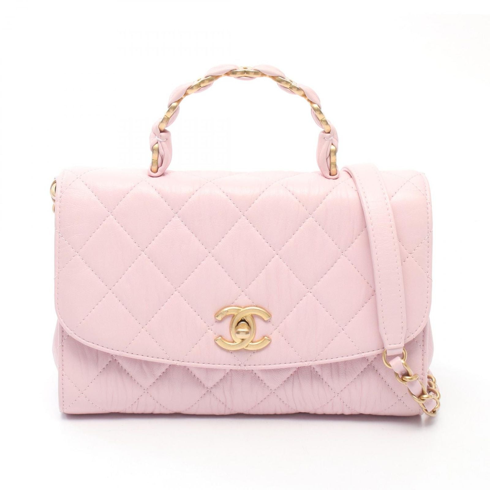 Chanel Shoulder Bag Quilted Top Handle Light Pink Leather Top 2-Way Chain
