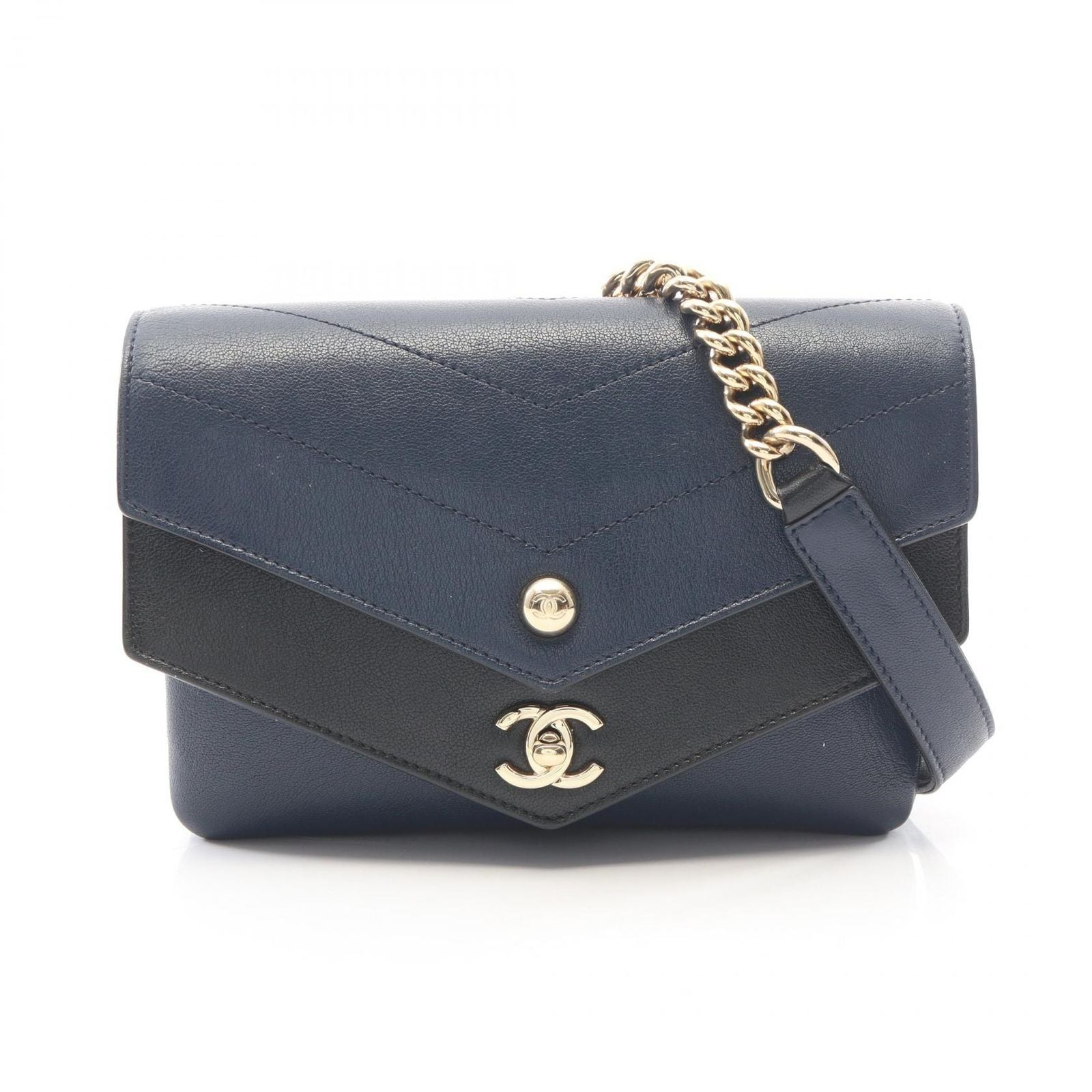 Chanel Shoulder Bag Blanc Stitch Navy Leather Small