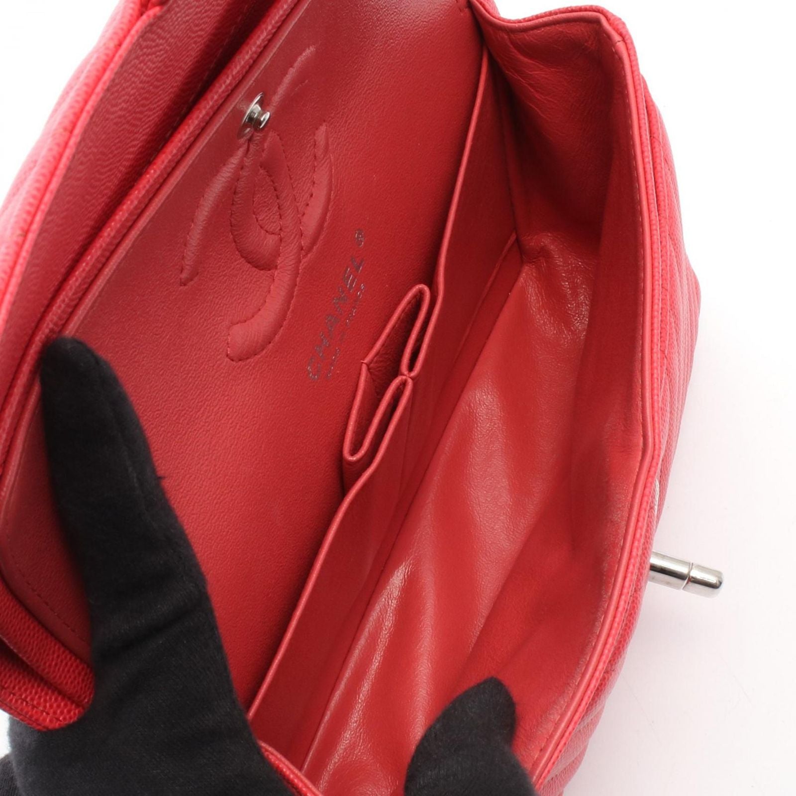Chanel Shoulder Bag Quilted Double Flap Pink Red Caviar Leather Chez Blanc — view 3