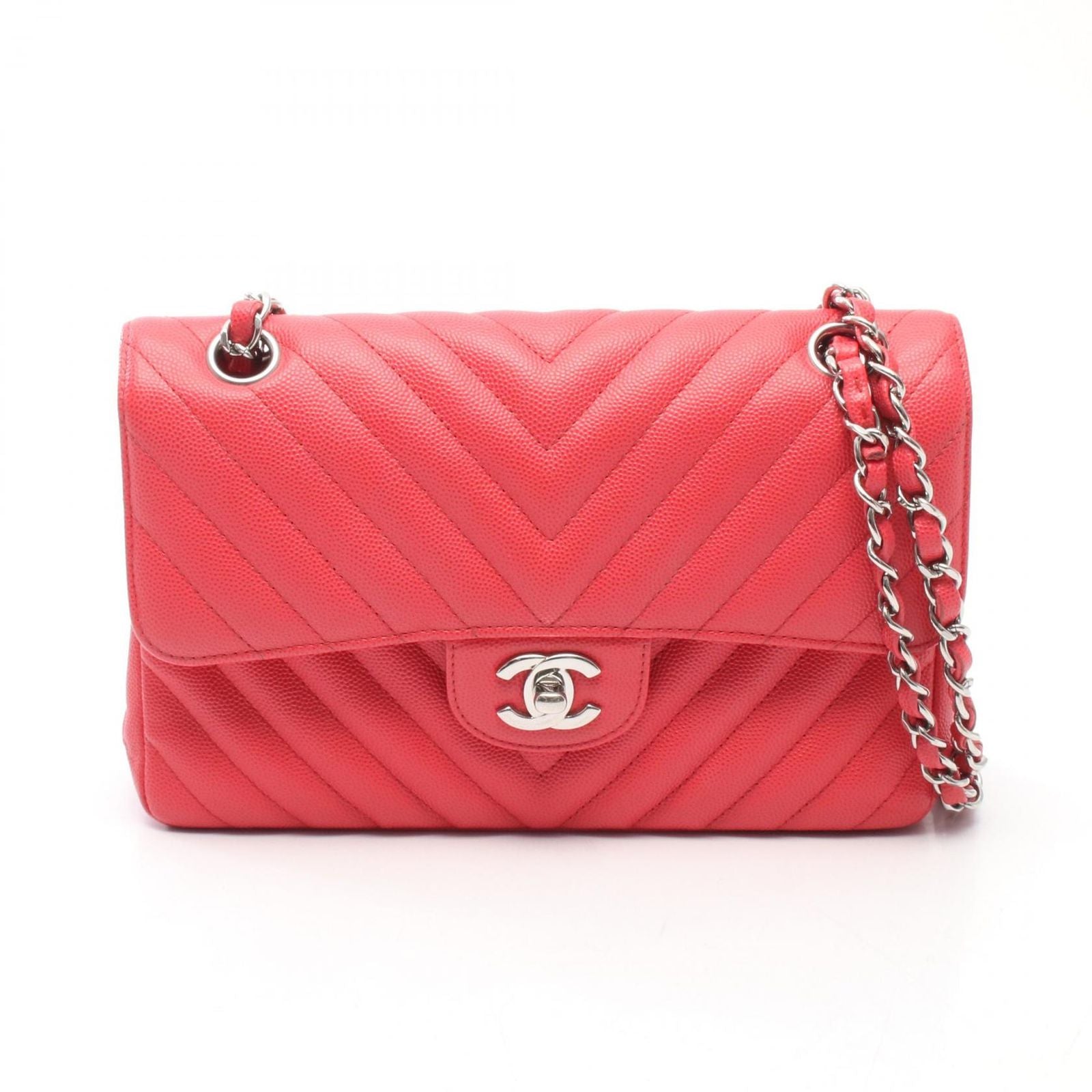 Chanel Shoulder Bag Quilted Double Flap Pink Red Caviar Leather Chez Blanc