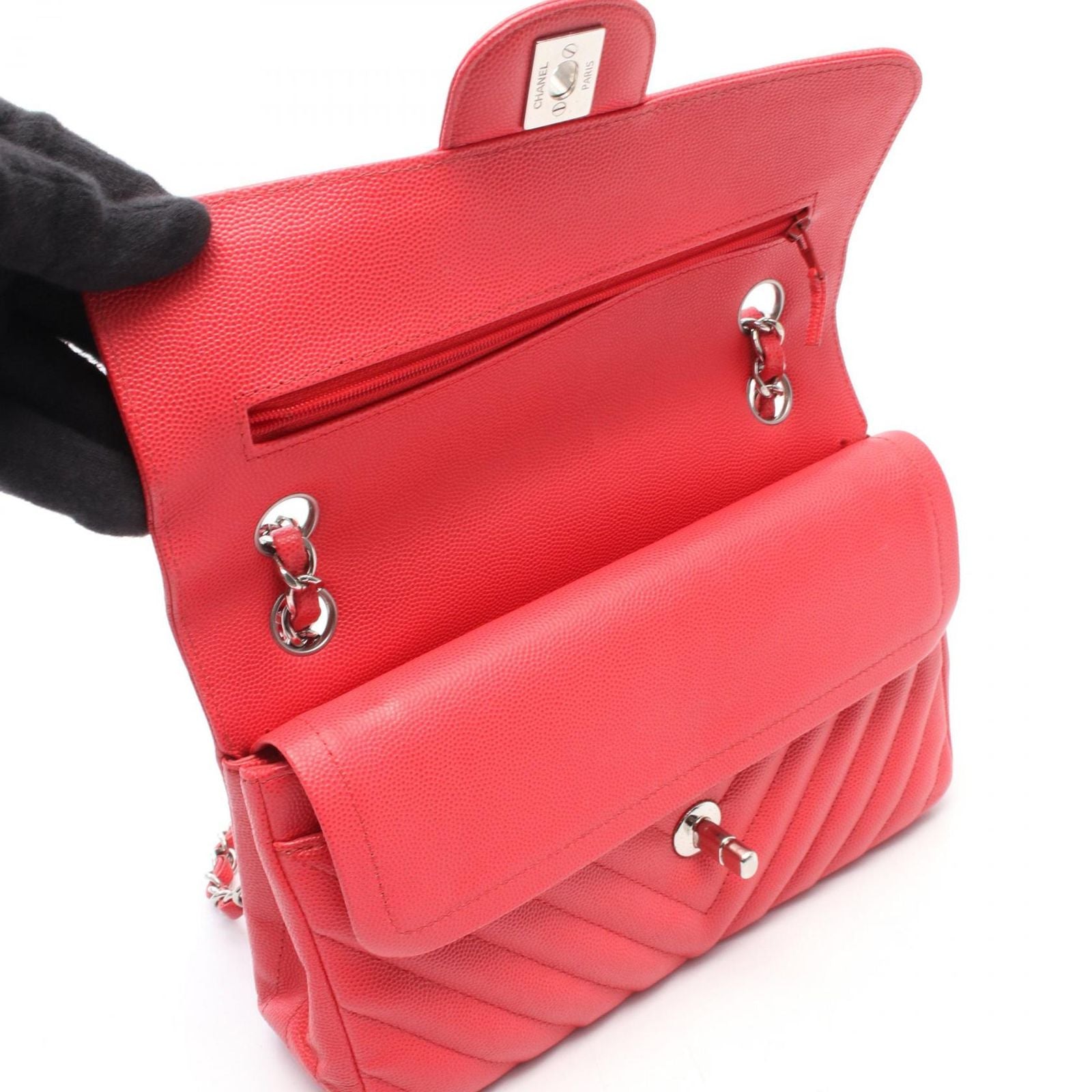 Chanel Shoulder Bag Quilted Double Flap Pink Red Caviar Leather Chez Blanc — view 7
