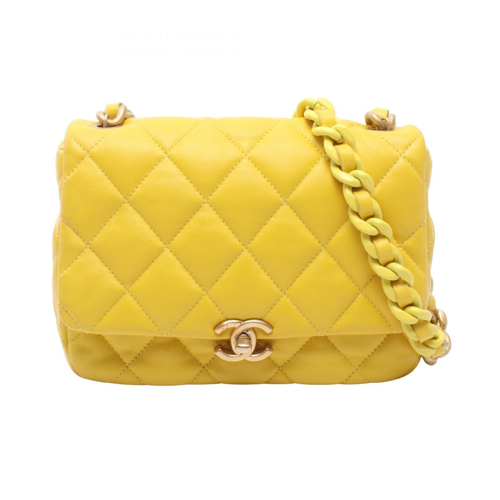 Chanel Shoulder Bag Mini Quilted Yellow Leather Small Flap Chain