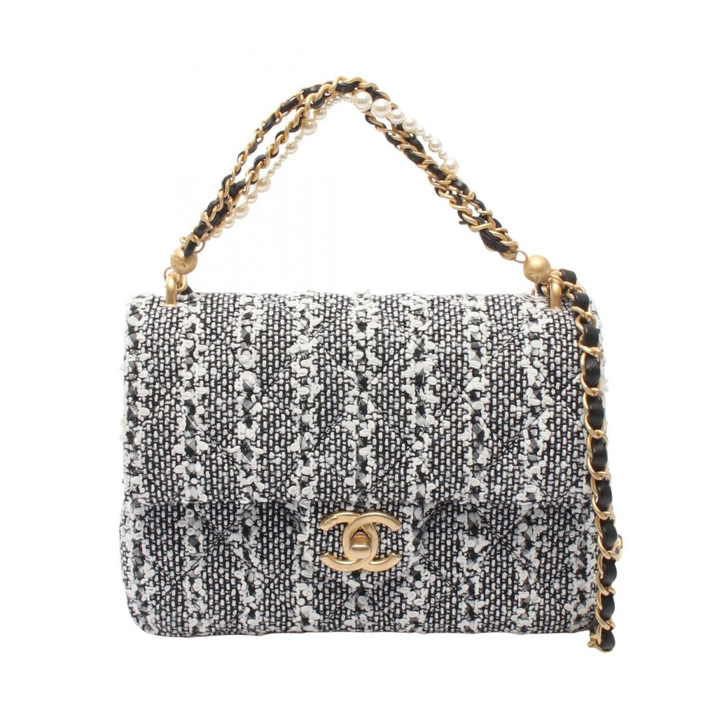Chanel Shoulder Bag Quilted Faux Pearl White Black Fabric Leather Small Flap