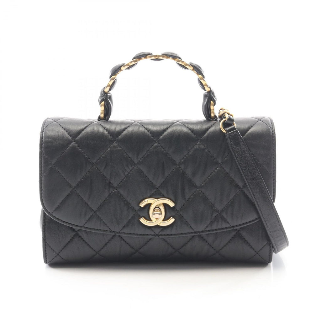 Chanel Shoulder Bag Quilted Top Handle Black Leather Top Small Flap