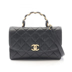 Chanel Shoulder Bag Quilted Top Handle Black Leather Top Small Flap