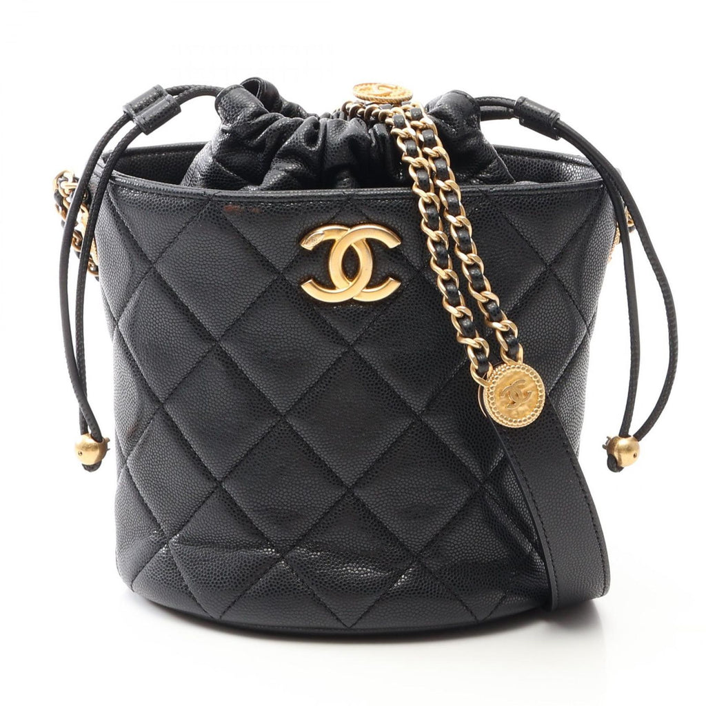 Chanel Shoulder Bag Quilted Drawstring Black Caviar Leather
