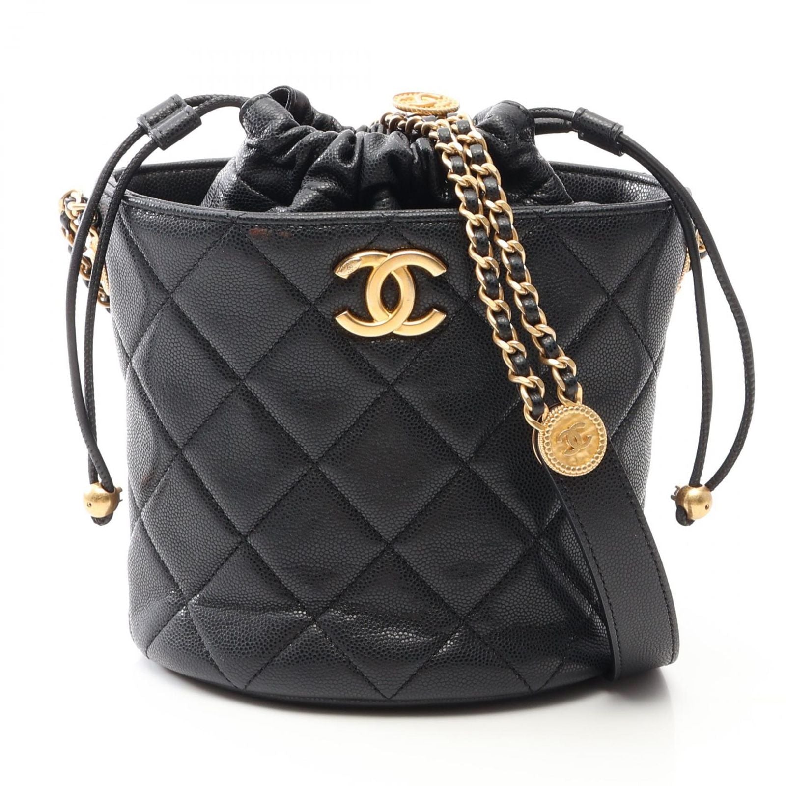 Chanel Shoulder Bag Quilted Drawstring Black Caviar Leather