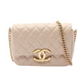 Chanel Shoulder Bag Quilted Beige Leather CC Logo Chain