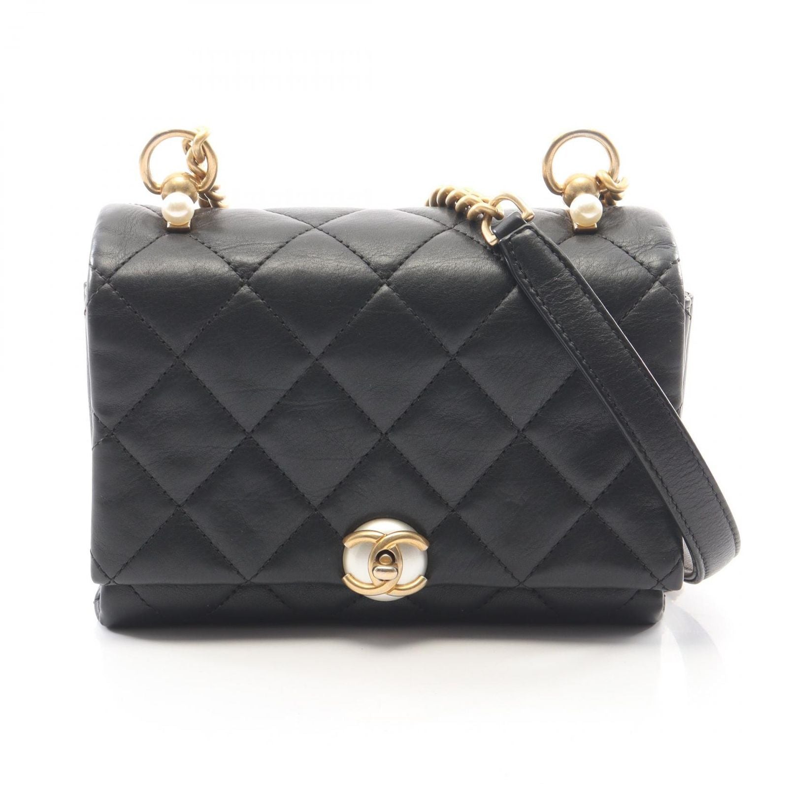 Chanel Shoulder Bag Quilted Black Lambskin Coco Pearl Mini Chain