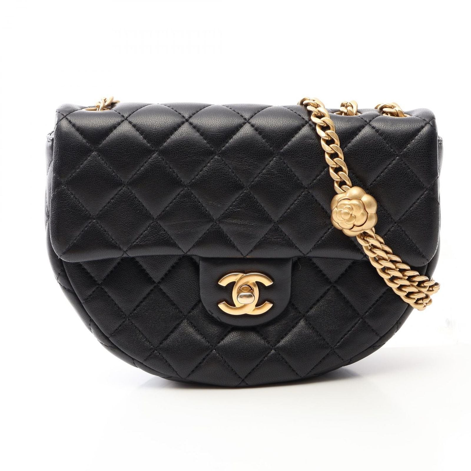 Chanel Shoulder Bag Quilted Camellia Black Lambskin Chain