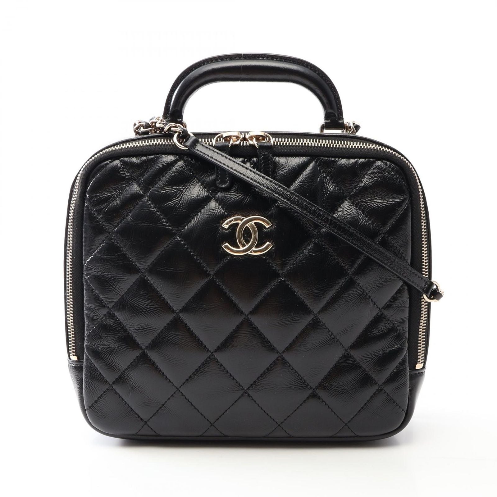 Chanel Shoulder Bag Quilted Top Handle 2-Way Black Leather Chain