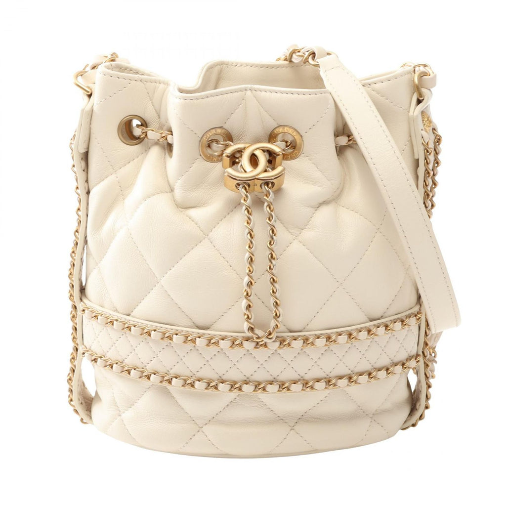 Chanel Shoulder Bag Quilted Drawstring Off White Lambskin