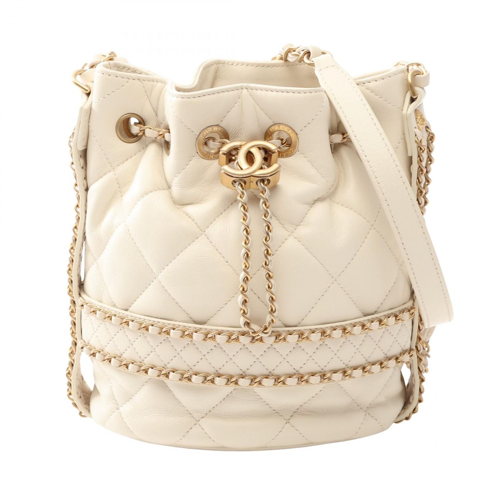 Chanel Shoulder Bag Quilted Drawstring Off White Lambskin