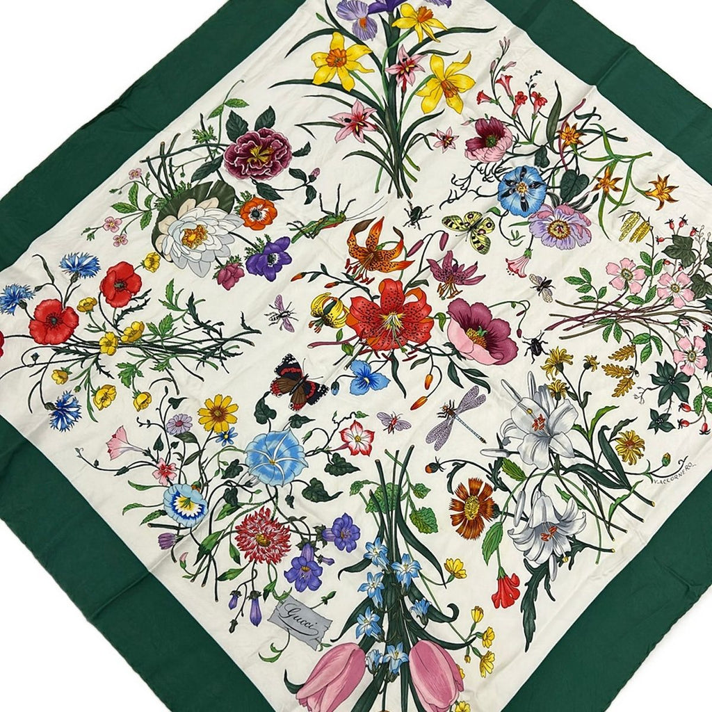 Gucci Scarf White Green Multi Floral Pattern