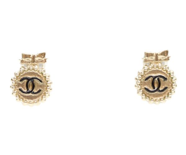 Chanel 14c Gold Round CC Logo Ribbon Earrings