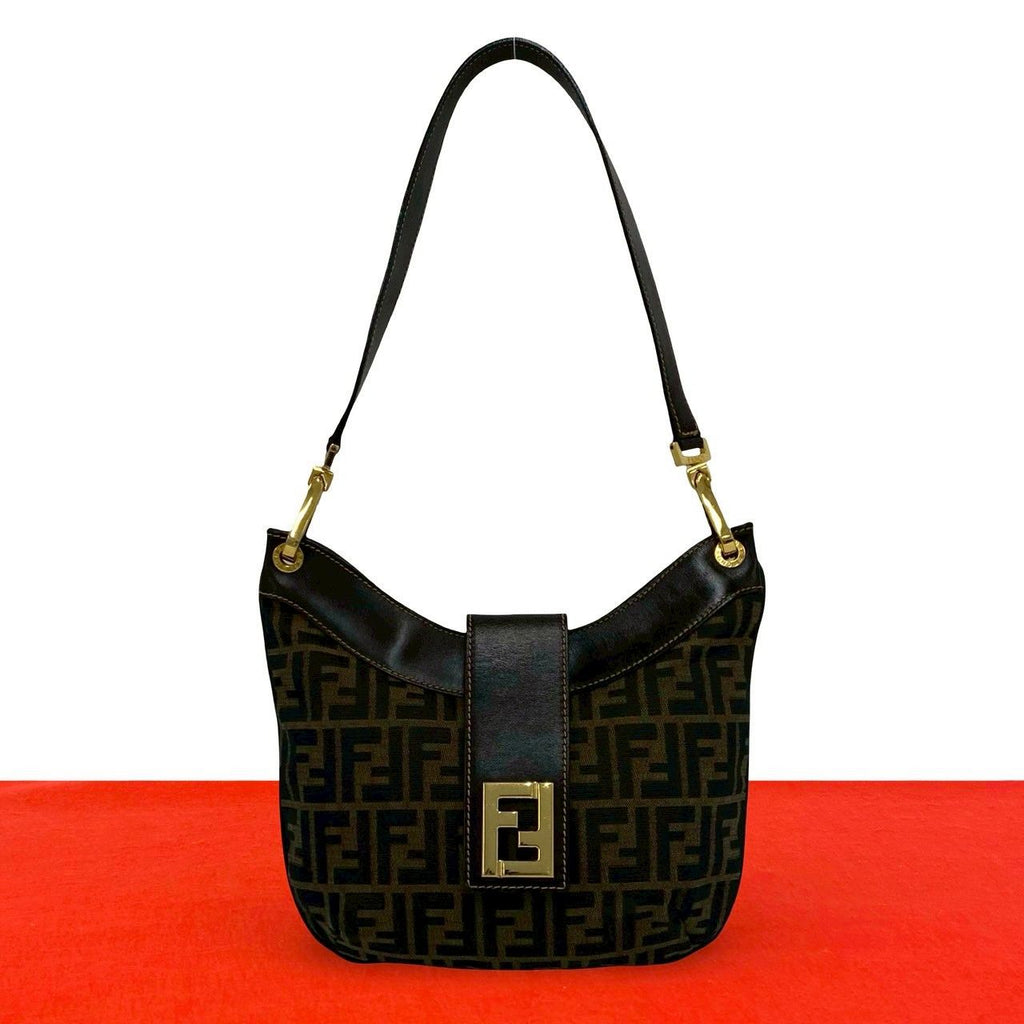 Fendi Vintage FF Logo Zucca Pattern Canvas Leather Shoulder Bag Brown