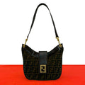 Fendi Vintage FF Logo Zucca Pattern Canvas Leather Shoulder Bag Brown