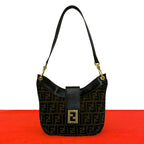 Fendi Vintage FF Logo Zucca Pattern Canvas Leather Shoulder Bag Brown