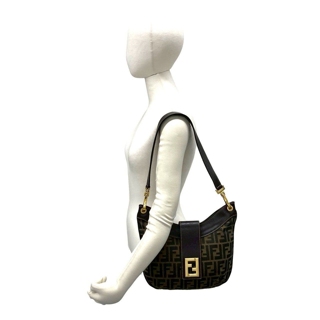 Fendi Vintage FF Logo Zucca Pattern Canvas Leather Shoulder Bag Brown — view 2