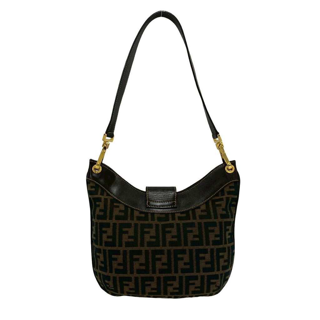 Fendi Vintage FF Logo Zucca Pattern Canvas Leather Shoulder Bag Brown — view 3