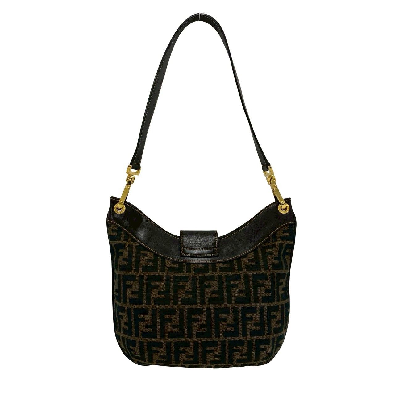 Fendi Vintage FF Logo Zucca Pattern Canvas Leather Shoulder Bag Brown — view 3