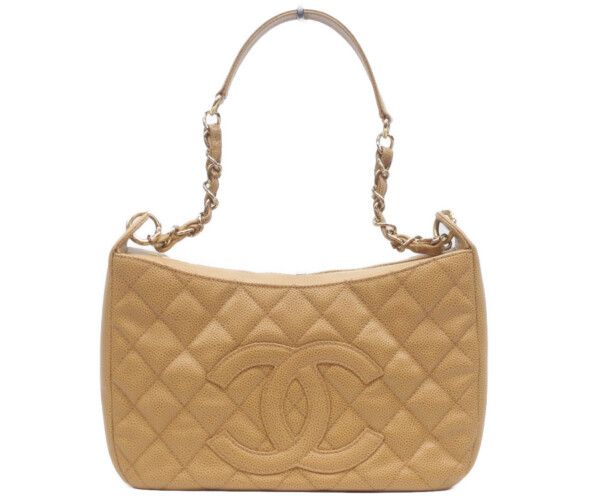 Chanel Beige Caviar Leather Quilted Shoulder Bag 26