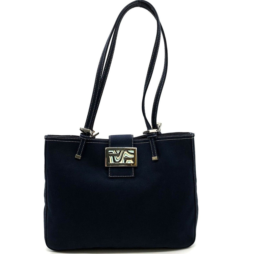 Fendi Tote Marble FF Logo Shoulder Bag Mamma Bucket Canvas Navy