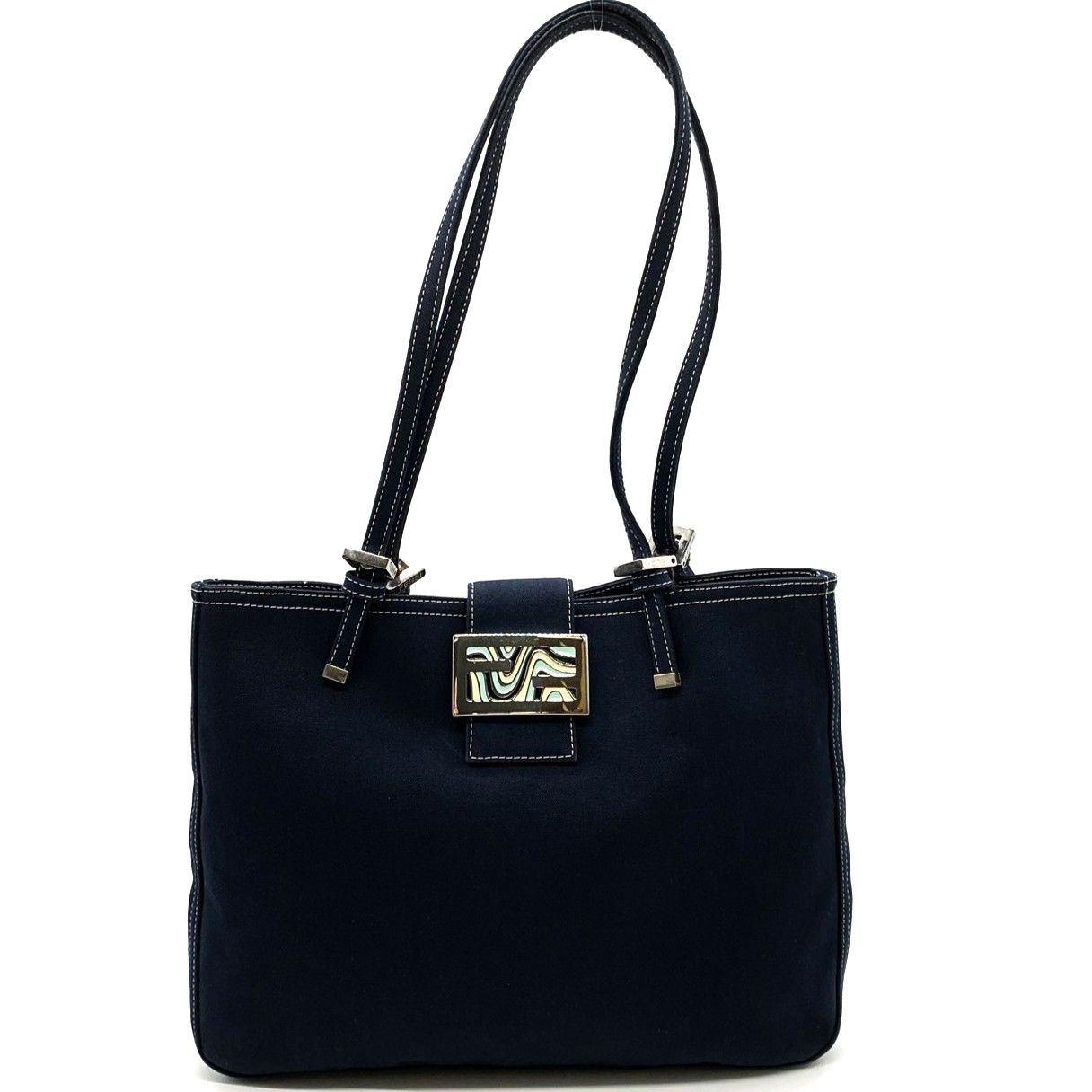 Fendi Tote Marble FF Logo Shoulder Bag Mamma Bucket Canvas Navy