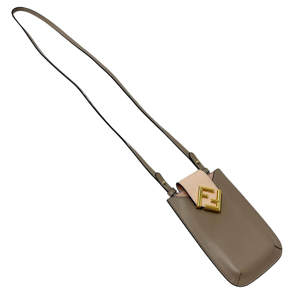 Fendi FF Diamond Shoulder Bag Leather Phone Pouch Gray Pink Gold Pochette — view 4
