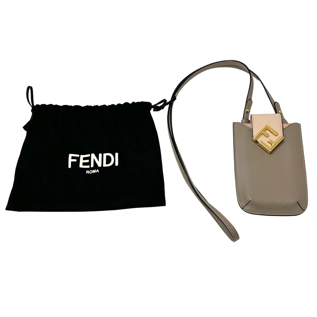 Fendi FF Diamond Shoulder Bag Leather Phone Pouch Gray Pink Gold Pochette — view 7