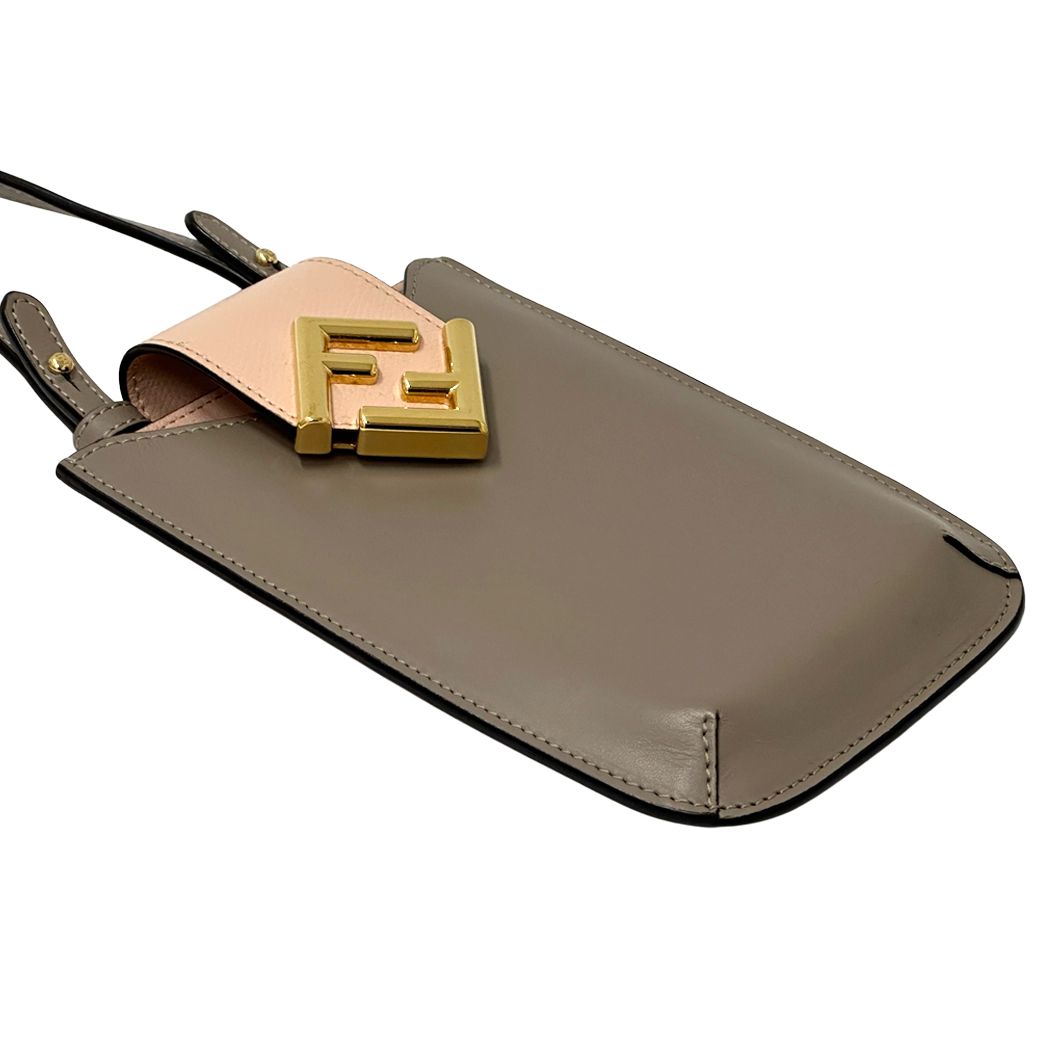Fendi FF Diamond Shoulder Bag Leather Phone Pouch Gray Pink Gold Pochette — view 3
