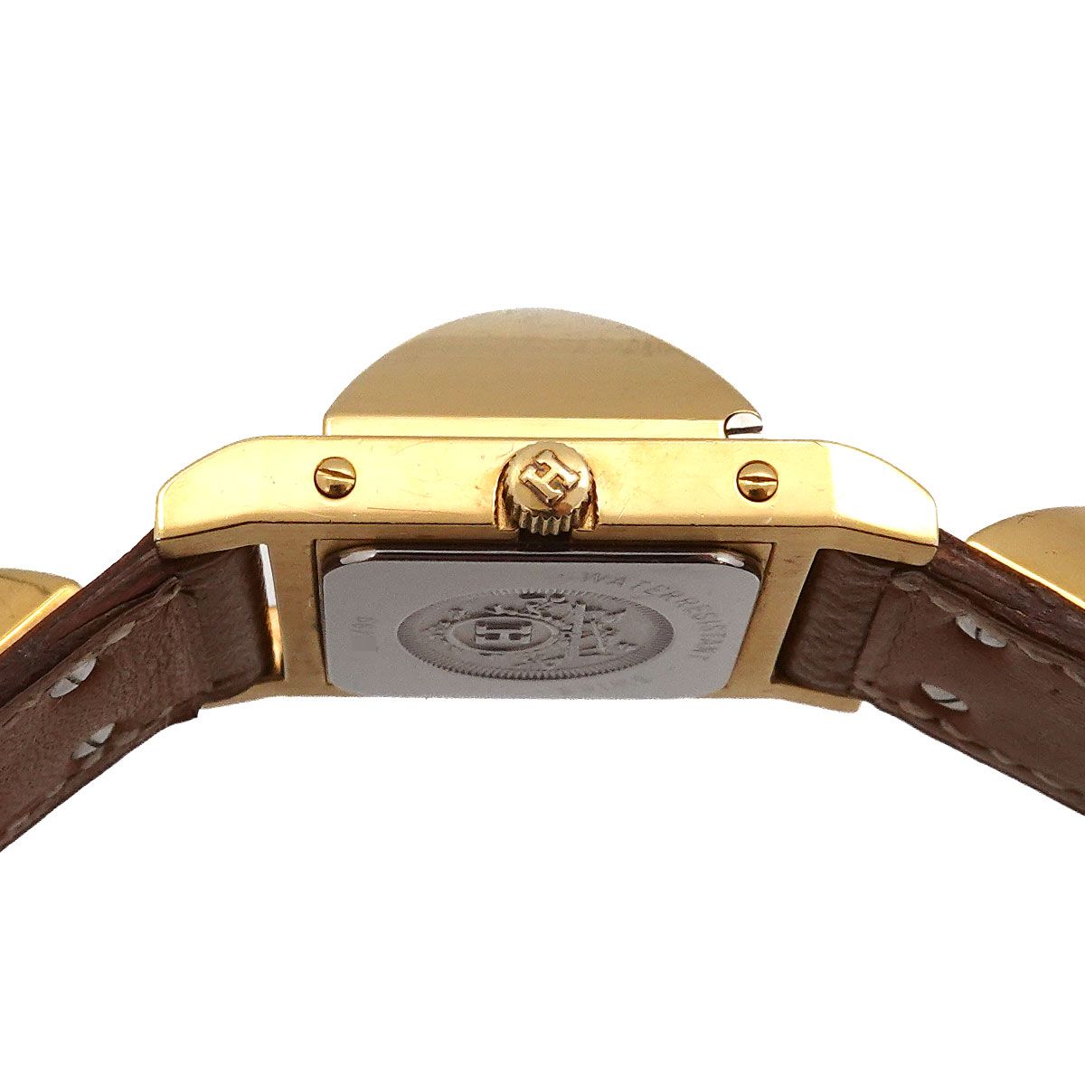 Hermes Medor Vintage Watch Pyramid Gold Studs White Brown Quartz — view 5