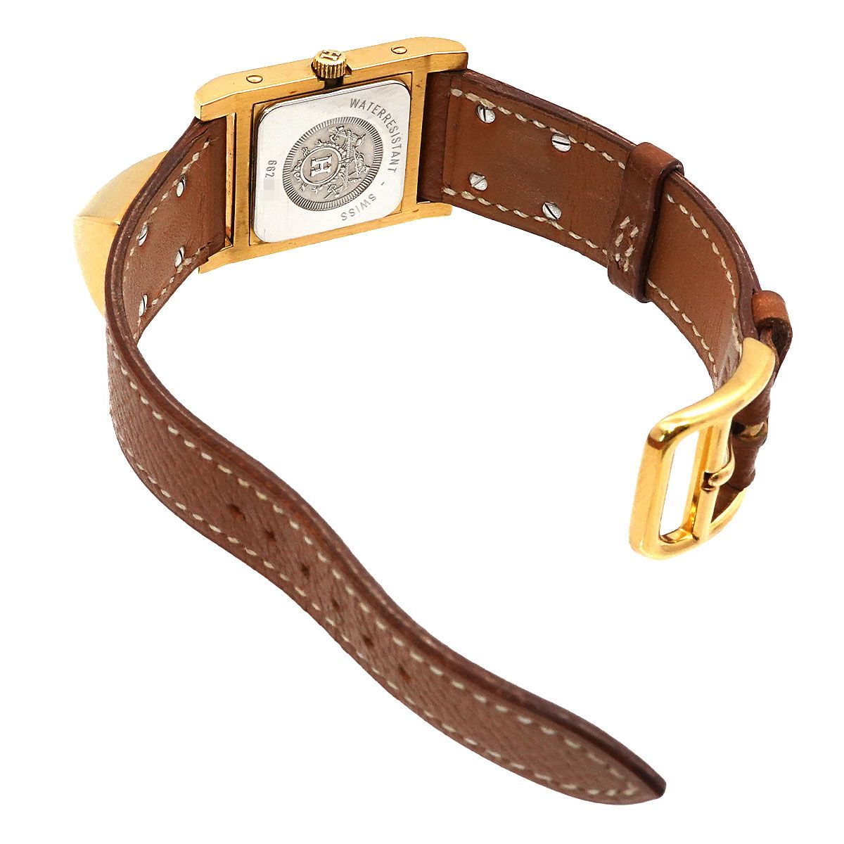 Hermes Medor Vintage Watch Pyramid Gold Studs White Brown Quartz — view 4