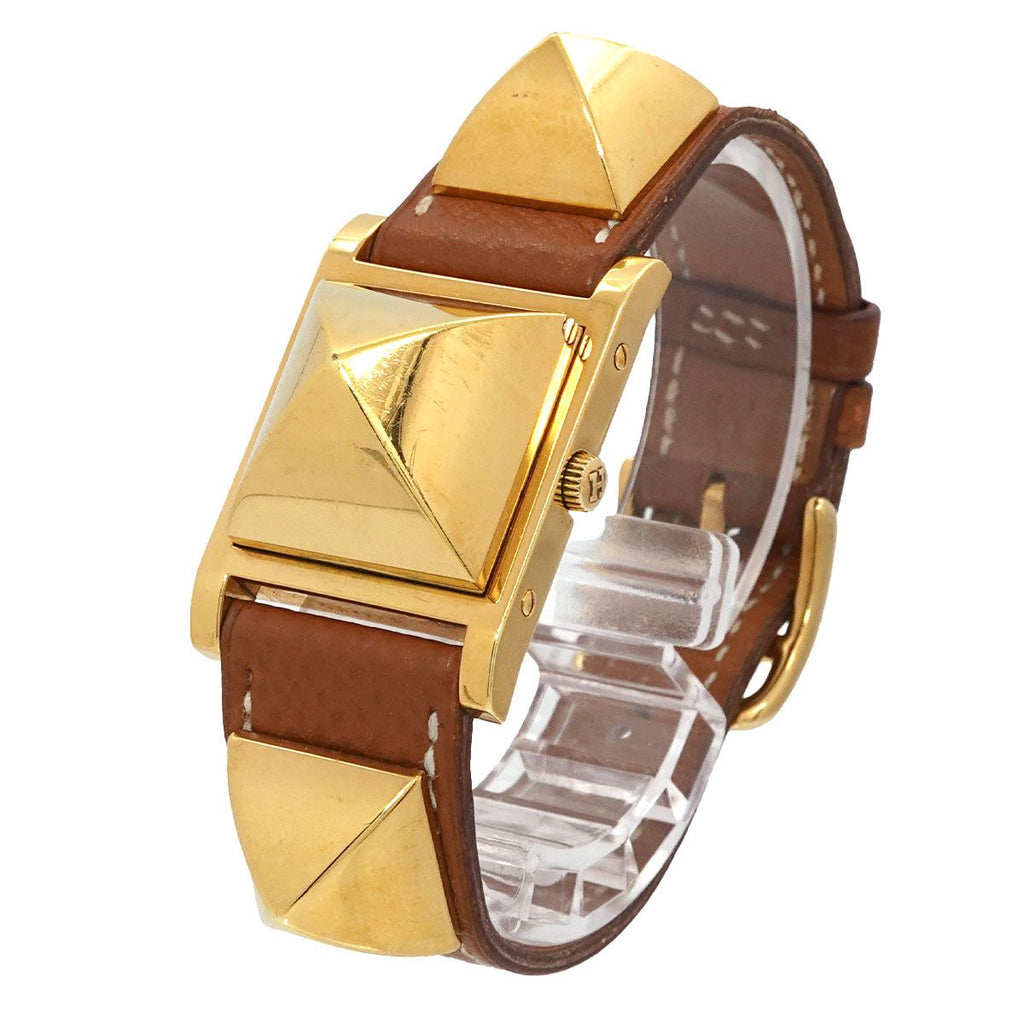 Hermes Medor Vintage Watch Pyramid Gold Studs White Brown Quartz — view 2