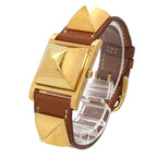 Hermes Medor Vintage Watch Pyramid Gold Studs White Brown Quartz — view 2