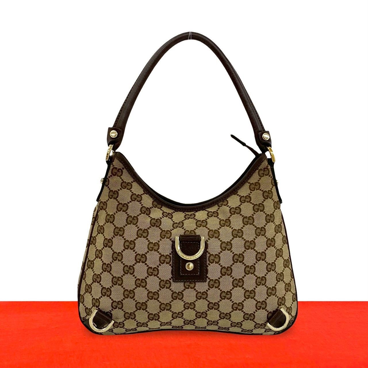 Gucci GG Logo Pattern Canvas Leather Shoulder Bag Mini Tote Brown
