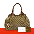 Gucci GG Logo Pattern Canvas Leather Shoulder Bag Tote Brown