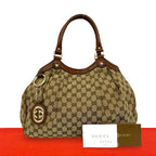 Gucci GG Logo Pattern Canvas Leather Shoulder Bag Tote Brown
